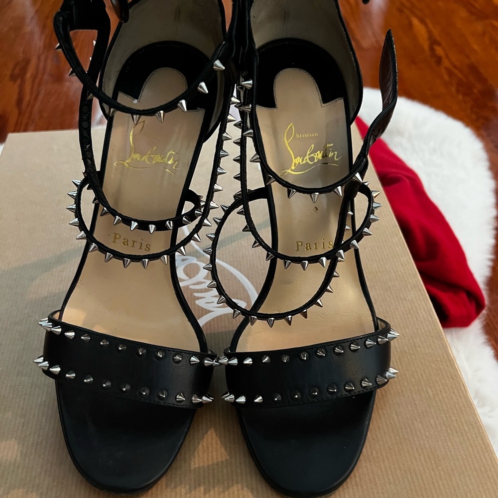 Christian Louboutin Black Leather Spike-Strap Heels